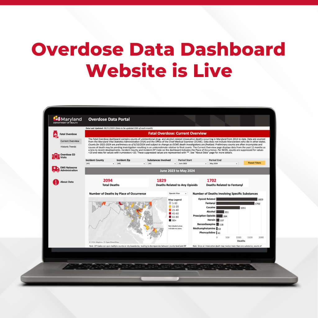 A laptop computer displaying a color-coded map and a bar chart. Text reads: Overdose Data Dashboard Website is Live.